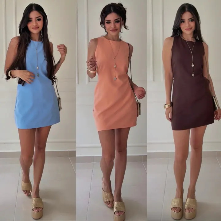 Vestido Larissa en azul cielo, durazno y chocolate